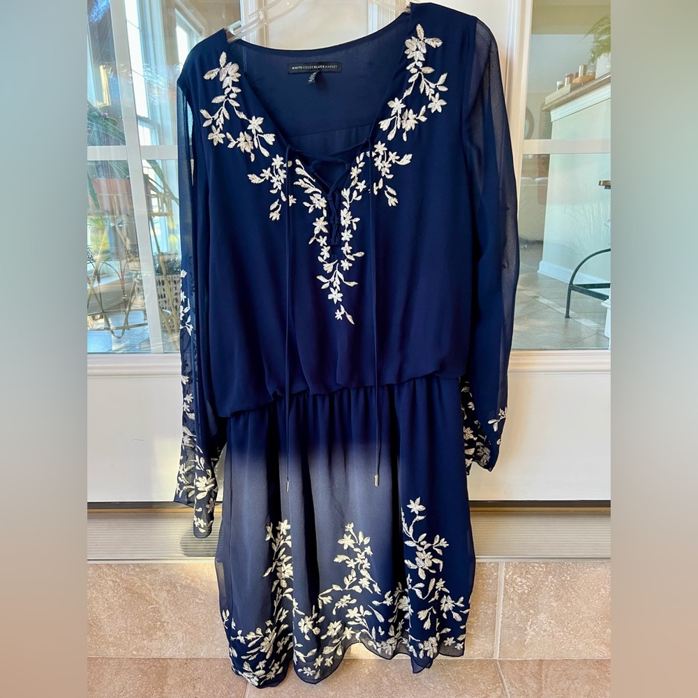 White House Black Market Navy Blue Embroidered Dress, size 10